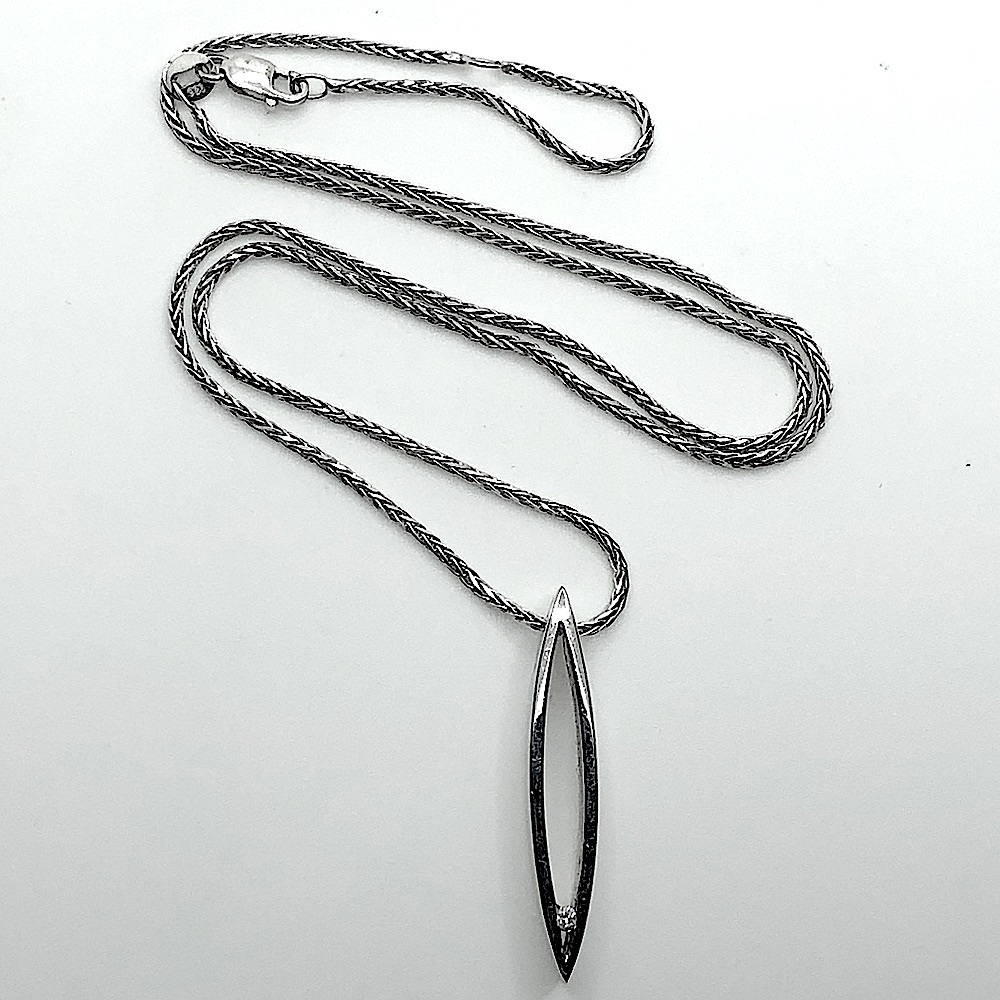 STERLING & Diamond Solitaire Marquis Shaped Pendant w Wheat Chain 18” + 1.2”